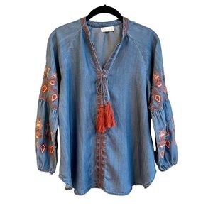 ALTAR’D STATE, BOHO, DENIM, EMBROIDERED, V-NECK TOP WITH TASSELS. SIZE S